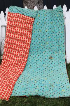 catalog photo of old tied quilt for cutter, teal & red vintage cotton print fabric for craft sewing projects