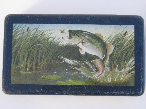 photo of old tin box for fly fishing tackle, lures and flies - vintage fish print #2