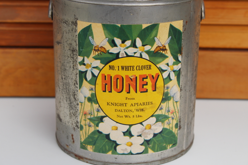 photo of old tin metal pail from Honey, bees clover print vintage label country farmhouse decor #2