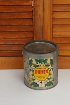 catalog photo of old tin metal pail from Honey, bees clover print vintage label country farmhouse decor
