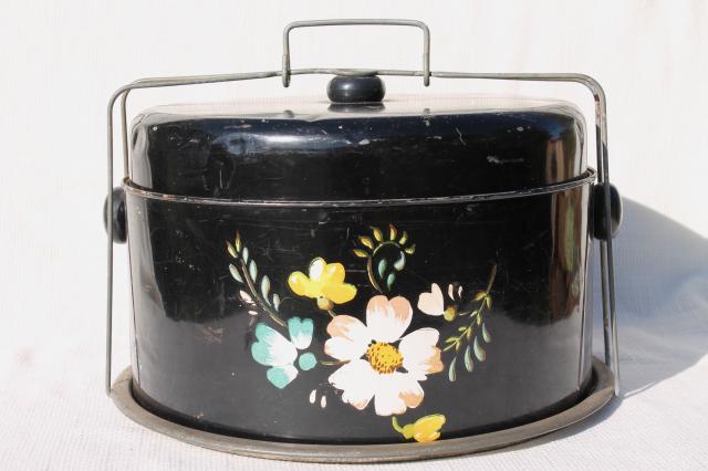 photo of old tole metal cake cover carrier w/ hand painted flowers on black, vintage Ransburg #1