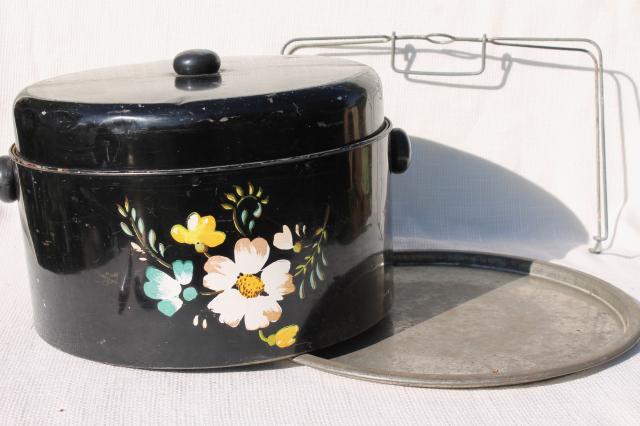 photo of old tole metal cake cover carrier w/ hand painted flowers on black, vintage Ransburg #8