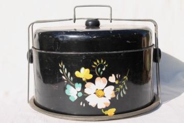 catalog photo of old tole metal cake cover carrier w/ hand painted flowers on black, vintage Ransburg