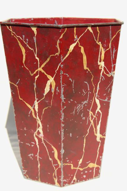 photo of old tole metal wastebasket w/ burgundy wine red marbled painted marble finish #1