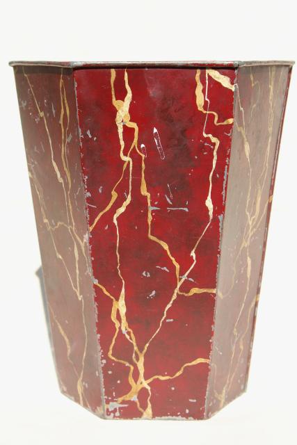 photo of old tole metal wastebasket w/ burgundy wine red marbled painted marble finish #2