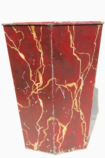 photo of old tole metal wastebasket w/ burgundy wine red marbled painted marble finish #3