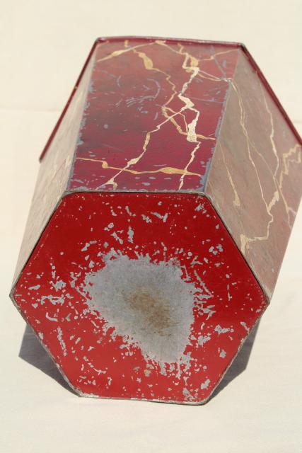 photo of old tole metal wastebasket w/ burgundy wine red marbled painted marble finish #6