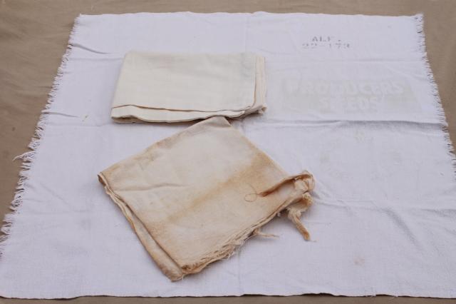 photo of old unbleached cotton feedsack fabric, primitive grubby feed sacks mixed lot vintage grain bags #9