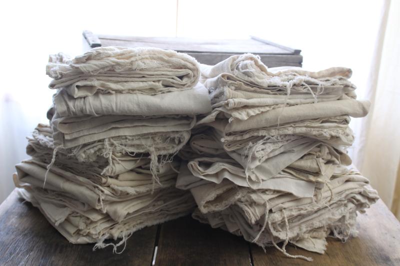 photo of old unbleached natural cotton grain bags, feed sack fabric rustic farmhouse vintage #1