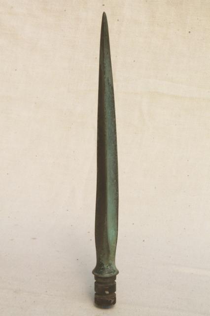 photo of old verdigris green copper point for antique lightning rod finial, spear head shape #1