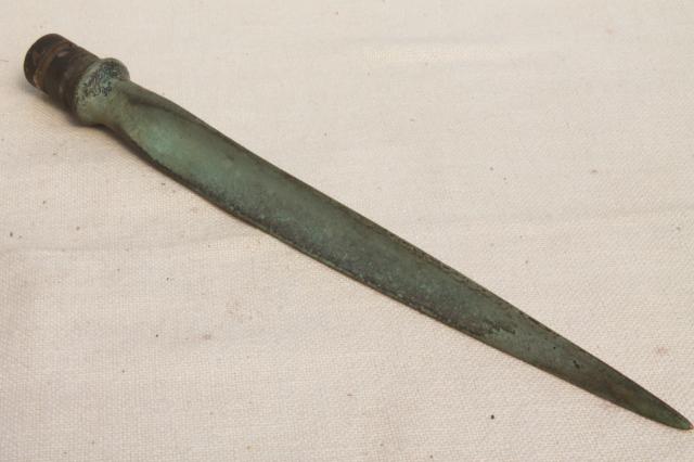 photo of old verdigris green copper point for antique lightning rod finial, spear head shape #2