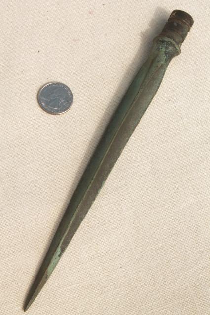 photo of old verdigris green copper point for antique lightning rod finial, spear head shape #4