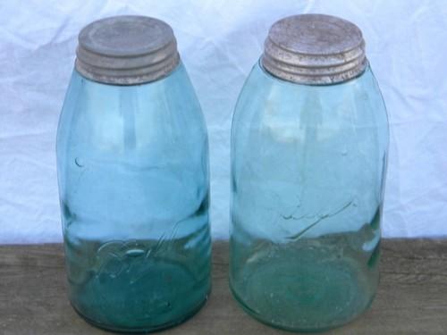 photo of old vintage aqua blue glass fruit jars lot, antique canisters, zinc metal lids #1