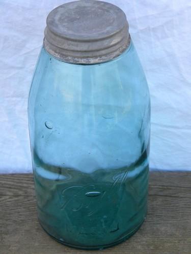 photo of old vintage aqua blue glass fruit jars lot, antique canisters, zinc metal lids #2