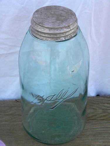 photo of old vintage aqua blue glass fruit jars lot, antique canisters, zinc metal lids #3