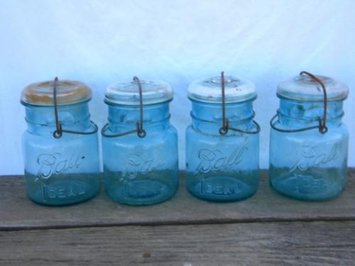 photo of old vintage aqua blue green glass fruit jars lot, antique canisters, lightning bail lids #1