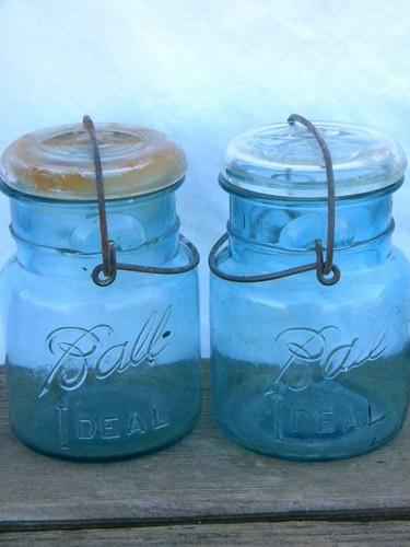 photo of old vintage aqua blue green glass fruit jars lot, antique canisters, lightning bail lids #2