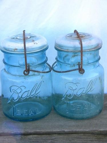 photo of old vintage aqua blue green glass fruit jars lot, antique canisters, lightning bail lids #3