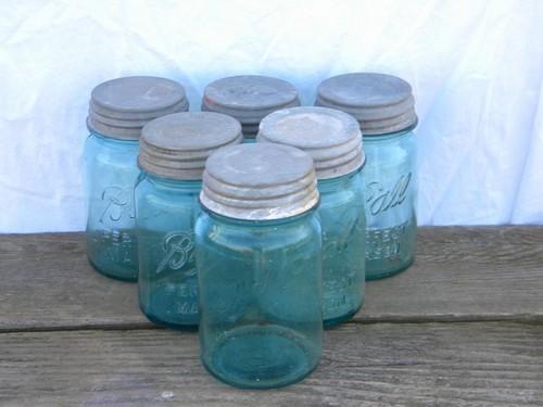 photo of old vintage aqua blue green glass fruit jars lot, antique canisters, zinc metal lids #1