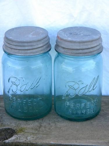 photo of old vintage aqua blue green glass fruit jars lot, antique canisters, zinc metal lids #2