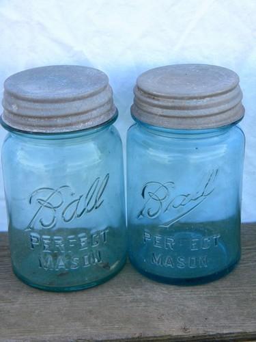photo of old vintage aqua blue green glass fruit jars lot, antique canisters, zinc metal lids #3
