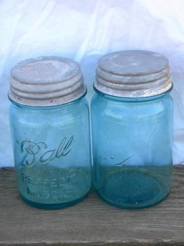 photo of old vintage aqua blue green glass fruit jars lot, antique canisters, zinc metal lids #4