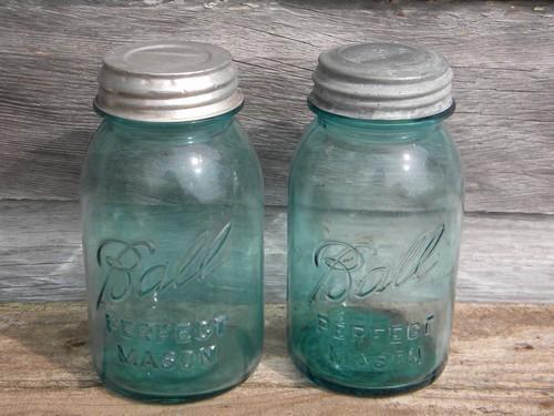 photo of old vintage blue glass canning jars w/lids, Ball Perfect Mason lot of 2 #1