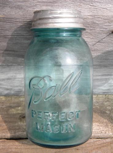 photo of old vintage blue glass canning jars w/lids, Ball Perfect Mason lot of 2 #2