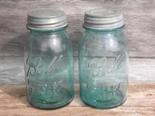 photo of old vintage blue glass canning jars,Ball Perfect Mason w/metal lids #1