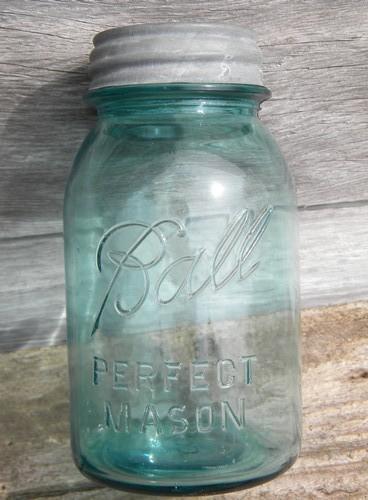 photo of old vintage blue glass canning jars,Ball Perfect Mason w/metal lids #2