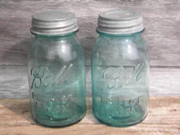 catalog photo of old vintage blue glass canning jars,Ball Perfect Mason w/metal lids