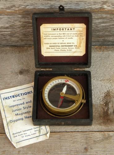 photo of old vintage brass & copper dipping compass surveying instrument w/case #1