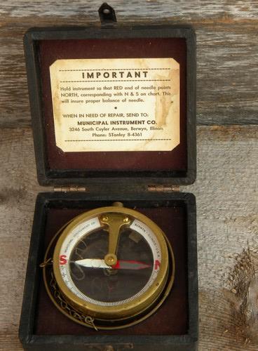 photo of old vintage brass & copper dipping compass surveying instrument w/case #2