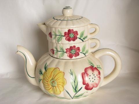 photo of old vintage china teapot w/ stacking cream & sugar, hand-painted flowers #1