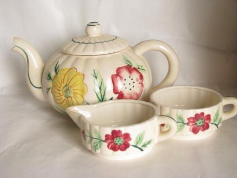 photo of old vintage china teapot w/ stacking cream & sugar, hand-painted flowers #2
