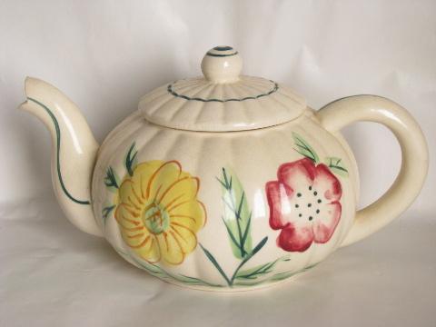 photo of old vintage china teapot w/ stacking cream & sugar, hand-painted flowers #3