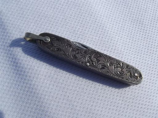 photo of old western tooled sterling silver pocket knife, vintage cowboy #2