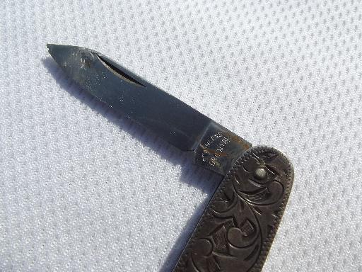 photo of old western tooled sterling silver pocket knife, vintage cowboy #4