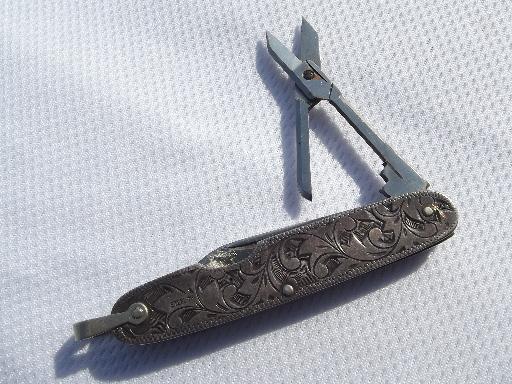 photo of old western tooled sterling silver pocket knife, vintage cowboy #5