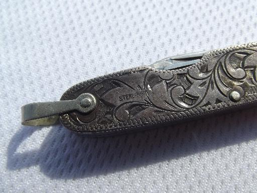 photo of old western tooled sterling silver pocket knife, vintage cowboy #6