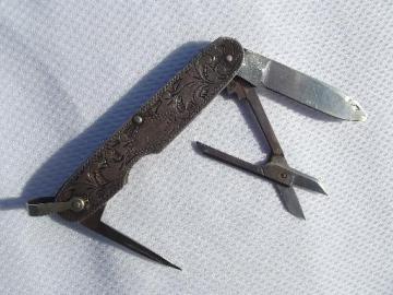 catalog photo of old western tooled sterling silver pocket knife, vintage cowboy