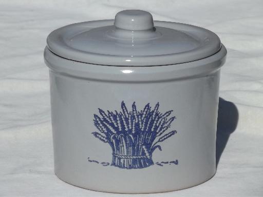 photo of old wheat sheaf crock jar canister, blue wheat on grey stoneware pottery #1