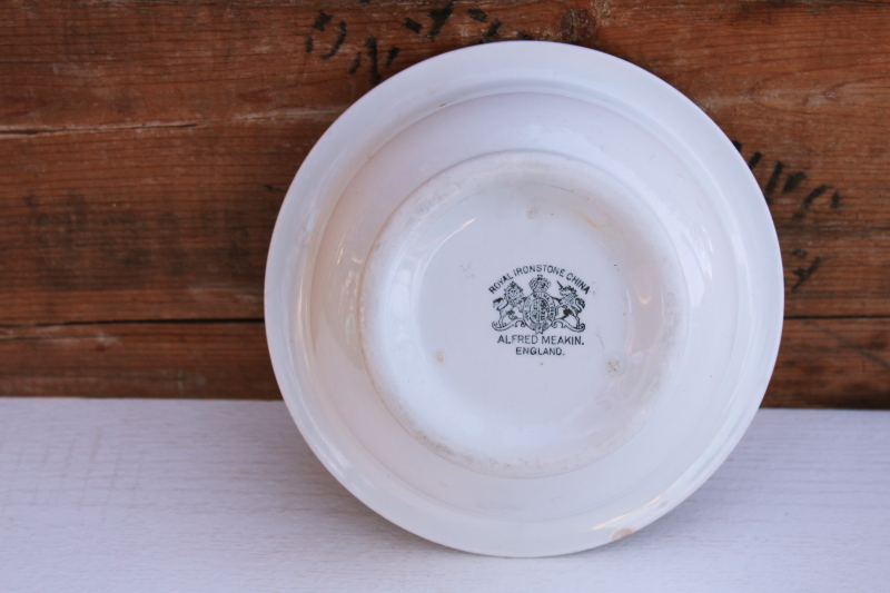 photo of old white ironstone china bowl small deep shape serving dish, Alfred Meakin England Royal Arms stamp #2