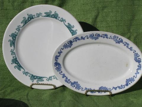 photo of old white ironstone china plates and platters, borders in green, blue, aqua #2