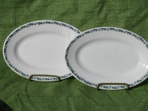 photo of old white ironstone china plates and platters, borders in green, blue, aqua #3