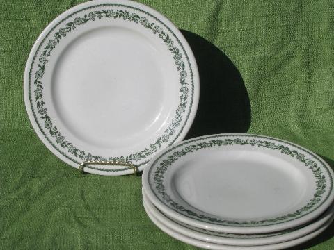 photo of old white ironstone china plates and platters, borders in green, blue, aqua #4