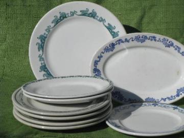 catalog photo of old white ironstone china plates and platters, borders in green, blue, aqua