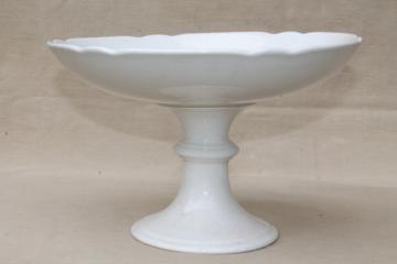 catalog photo of old white ironstone pedestal compote comport bowl, shabby browned antique china