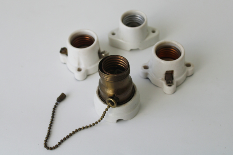 photo of old white porcelain electrical fixtures, combo metal fat boy style socket, flush mount light bulb holders  #1