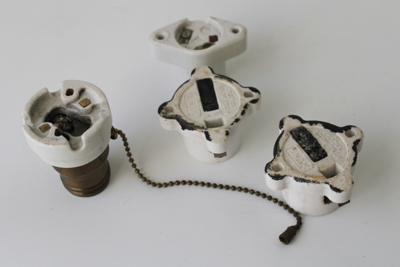 photo of old white porcelain electrical fixtures, combo metal fat boy style socket, flush mount light bulb holders  #3